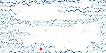 Abstract maritime seamless pattern of hand-painted blue wavy lines scattered with small red hearts...