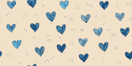 Hand-drawn sketch hearts seamless pattern in shades of blue on a soft neutral background for apparel, stationery, and home decor.のイラスト素材