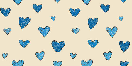 Hand-drawn sketch hearts seamless pattern in shades of blue on a soft neutral background for apparel, stationery, and home decor.のイラスト素材