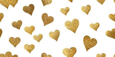 Glamorous seamless pattern of scattered gold glitter hearts on a clean white background for...