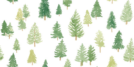 Soft watercolor seamless pattern of scattered pine and Christmas trees in various shades of green on...