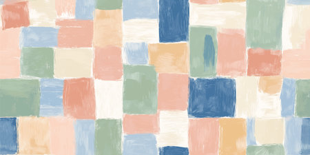 Hand-drawn sketch scribble square block seamless pattern in soft multicolor tones for playful...