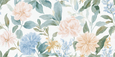 Luminous watercolor poppy and foliage seamless pattern in soft pastel colors for luxurious fabrics, stationery, and spring decor.のイラスト素材