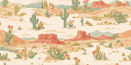 Vibrant illustrated desert landscape seamless pattern featuring red rock mesas, blooming cactus, and sagebrush for fabrics and stylish wallpapersのイラスト素材