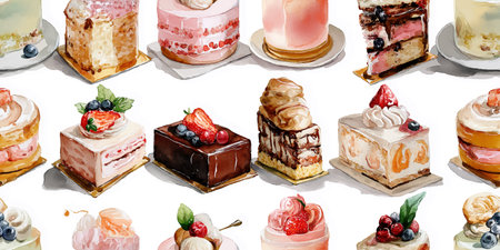 Assortment of realistic watercolor miniature desserts and cakes seamless pattern for gourmet...