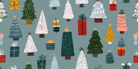 Cozy vector pattern with hand-drawn Christmas trees and wrapped gifts in green, red, and warm...