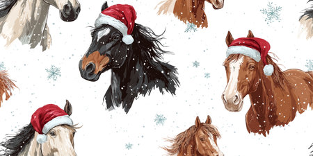 Watercolor repeating pattern of horse heads wearing Santa hats on a snowy white background, perfect for design, festive fabrics, and Christmas stationeryのイラスト素材