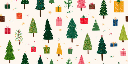 Charming vector repeating pattern of colorful stylized Christmas trees and gift boxes on a light background for design, fun seasonal wrapping paper, and cheerful fabricsのイラスト素材