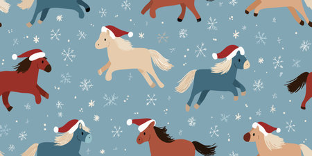 Festive vector repeating pattern of cute running horses in Santa hats on a snowy blue background for design, fun Christmas fabrics, and cheerful children's stationeryのイラスト素材