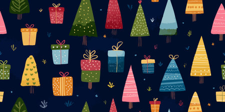 Playful vector pattern with colorful stylized Christmas trees and gift boxes on a dark blue background for design, fun winter fabrics, and cheerful holiday packagingのイラスト素材