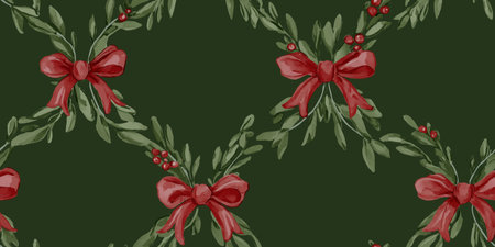 Elegant vector watercolor pattern with Christmas bouquets featuring red bows, red berries, and deep green foliage on a dark forest green background for design, luxury packaging, and holiday decorのイラスト素材