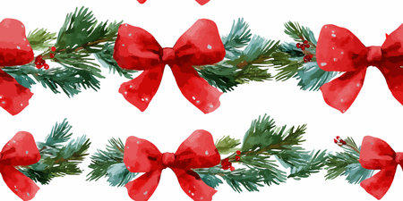 Classic Christmas watercolor pattern with bright red bows, pine tree branches, and berries on a white background for stationery, fabrics, and traditional holiday wrapping paperのイラスト素材