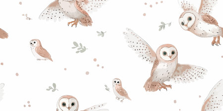Gentle, airy pattern featuring cute cartoon barn owls flying and sitting among pale pink leaves on a clean white background for fabrics, nursery decor, and children's apparelのイラスト素材