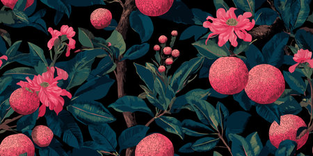 Dramatic moody Australian floral seamless pattern with red chrysanthemums and dark foliage on a...