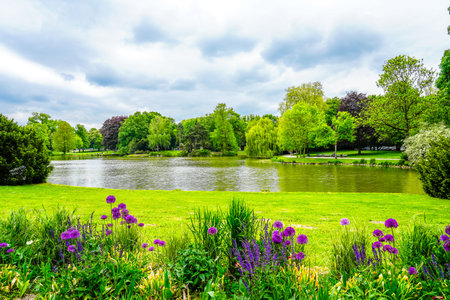 View of the Maschteich with the surrounding nature at the Stadtpark in Hanover.の写真素材