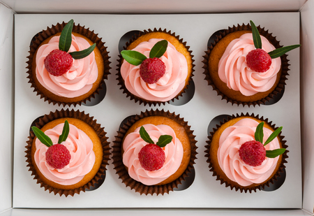 Cupcakes with raspberry cream, decorated with raspberries on top on gift wrap.の写真素材