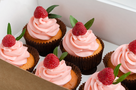 Cupcakes with raspberry cream, decorated with raspberries on top on gift wrap.の写真素材