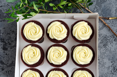 Trifle red velvet with cream in a gift box.の写真素材