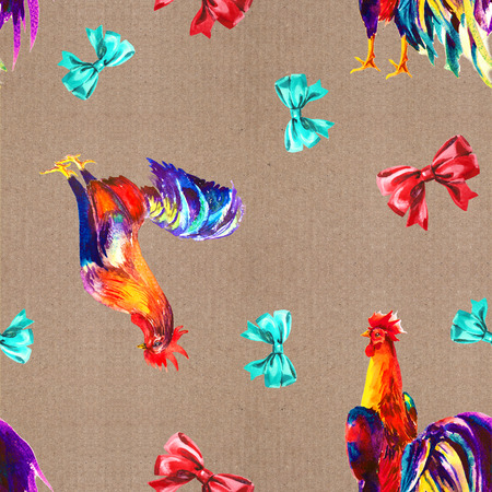 Rooster. Rooster Year. Chinese New Year of the Rooster. Watercolor Rooster New Year seamless patternの写真素材