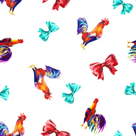 Rooster. Rooster Year. Chinese New Year of the Rooster. Watercolor Rooster New Year seamless patternの写真素材