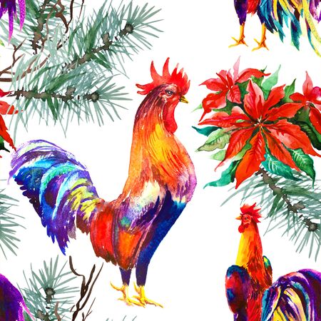 Rooster. Rooster Year. Chinese New Year of the Rooster. Watercolor Rooster New Year seamless patternの写真素材