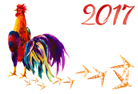 Rooster. Rooster Year. Chinese New Year of the Rooster. Watercolor Rooster New Year card.の写真素材