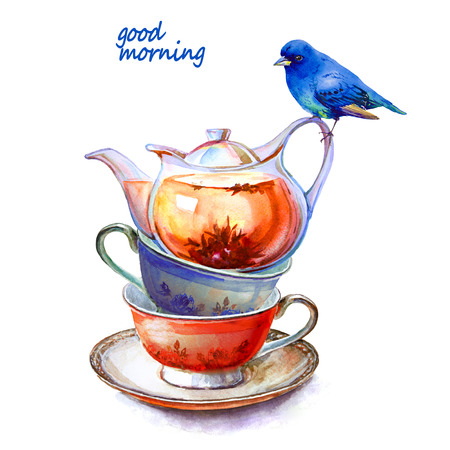 Party colorful tea cups and saucers with blue bird closeup. Sketch handmade. Postcard for Valentine's Day. Watercolor illustration.の写真素材