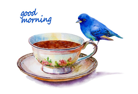Party colorful tea cups and saucers with blue bird closeup. Sketch handmade. Postcard for Valentine's Day. Watercolor illustration.の写真素材