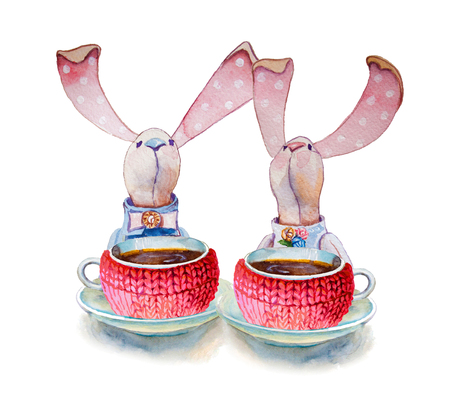Party colorful tea cups and saucers with rabbits closeup. Sketch handmade. Postcard for Valentine's Day. Watercolor illustration.の写真素材