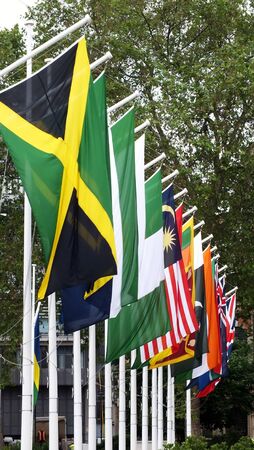 Row of flags on flag poles の写真素材