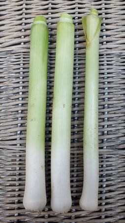 Three organic leeks on wicker basket