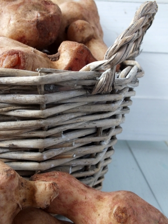 rganic Jerusalem artichokes in basket on wooden boardsの写真素材