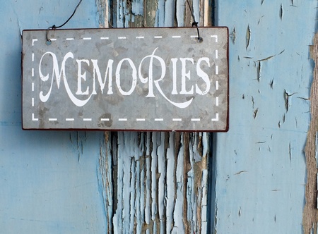 Shabby chic Metal memories sign on blue grunge backgroundの写真素材