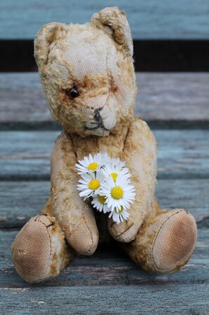 Old teddy bear sat on a vintage wooden bench , lost and lonely, left behind , retro , antique toy, childhood friendの写真素材