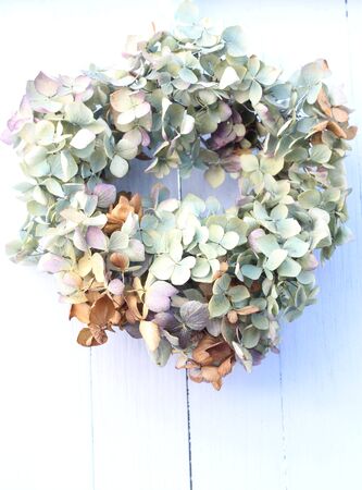 Faded hydrangea wreath , pale image in shades of green and lilacの写真素材