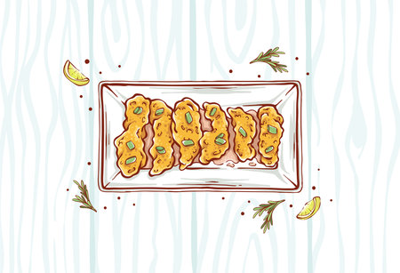Fried Chicken Illustration with lemon slices and herbs on a wooden pattern background. Fast food chicken nugget dish hand-drawn vector design top viewのイラスト素材