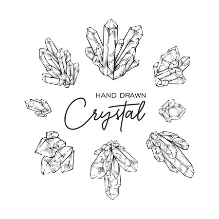 Collection of detailed crystal quartz mineral hand drawn outline gemstone set illustration drawing sketchのイラスト素材