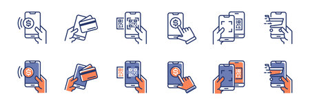 cashless mobile payment qr code icon set vector pos shopping smartphone secure money transfer symbol...