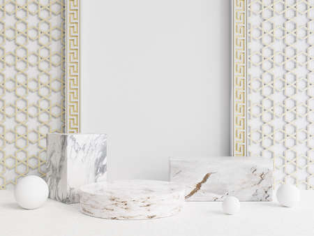 3d rendering of white marble podium for product display. Minimalist design with geometric pattern.の写真素材