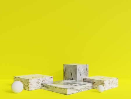 Minimal scene with geometric podiums on yellow background. 3d renderの写真素材