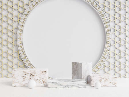 3d rendering of minimal geometric forms. White marble podium for product presentation. Luxury backgroundの写真素材