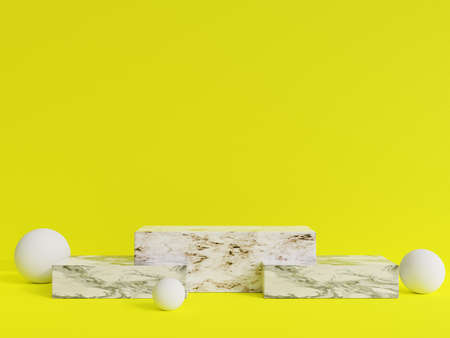 Minimal scene with marble podium on yellow background. 3d renderの写真素材