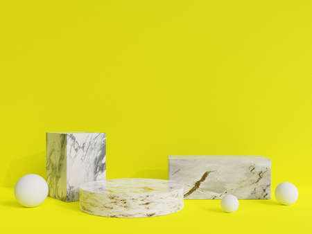 Minimal scene with marble podiums on yellow background. 3d renderの写真素材