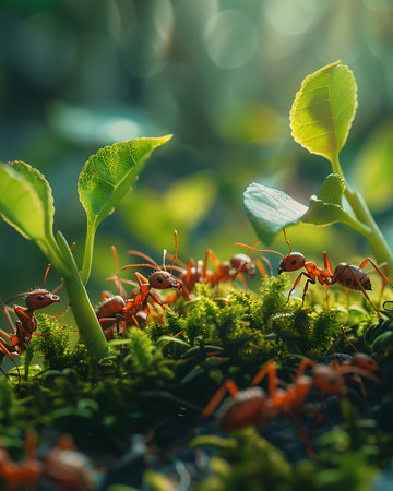 Close up of red ants on green moss with bokeh backgroundの素材