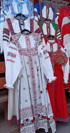 Russian folk costumes. Dresses in Slavic style