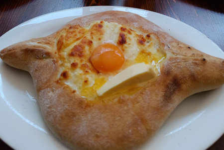 Khachapuri in Adjarian style. Georgian cuisine dishの写真素材
