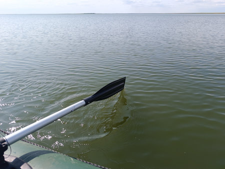 A paddle against a river. A rowboat ride.の写真素材