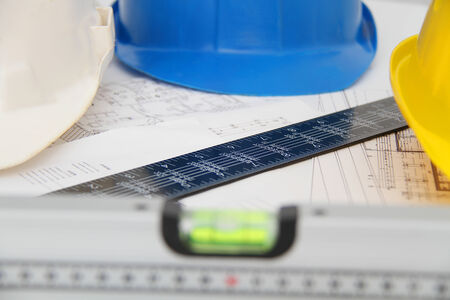 Helmets and tools for construction drawings and buildingsの写真素材