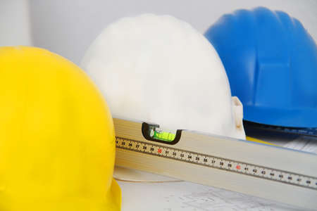 Helmets and tools for construction drawings and buildingsの写真素材