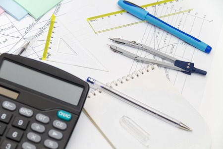 Photo of the Drawing tools with compass and calculatorの写真素材